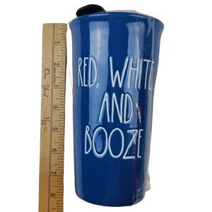 New! Rae Dunn by Magenta Red, White, And Booze Ceramic Blue Travel Mug Patriotic
